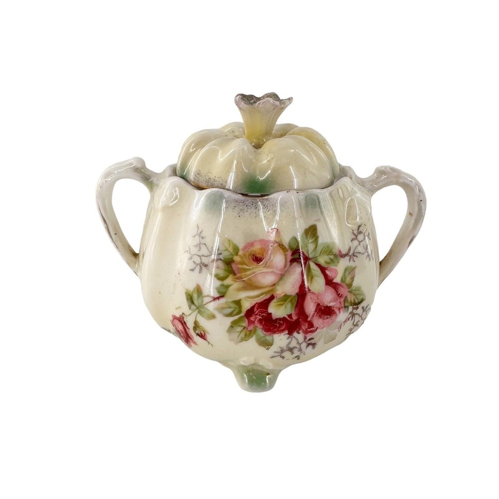 Vintage German Sugar Bowl Floral‎ Hand Painted Gilt Farmhouse Kitchen Country